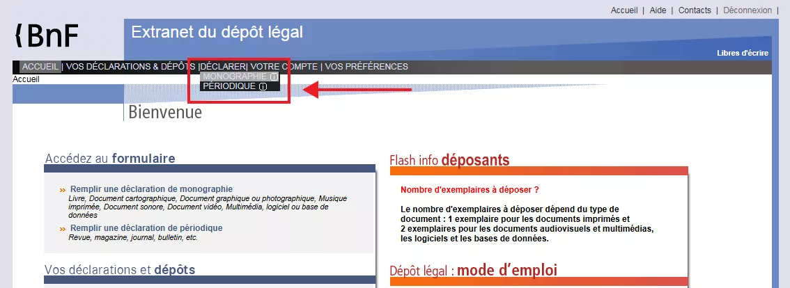 Choix du type de déclaration de dépôt